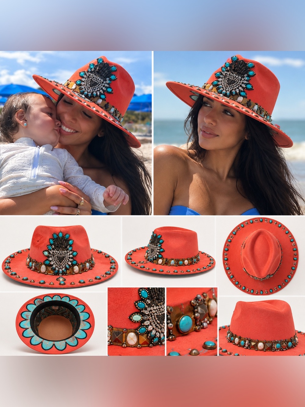 Coral Embellished Women's Fedora Hat with Turquoise Accents